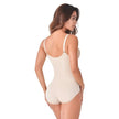 Woman wearing beige full-body shapewear with adjustable straps, showing back view