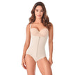 Woman wearing beige full body shaper with zipper closure for tummy control and slimming