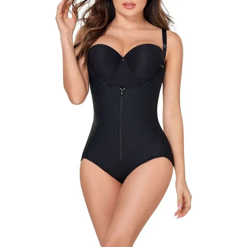Woman wearing black body shaper with zipper front, adjustable straps, and sculpting fit