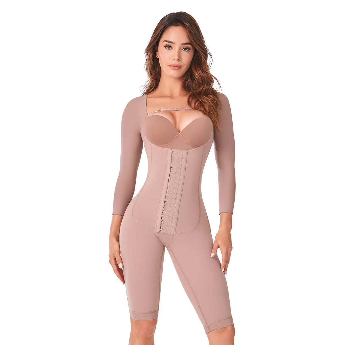 Woman wearing cocoa Ann Chery knee-length sleeve body shaper faja, tummy control shapewear.