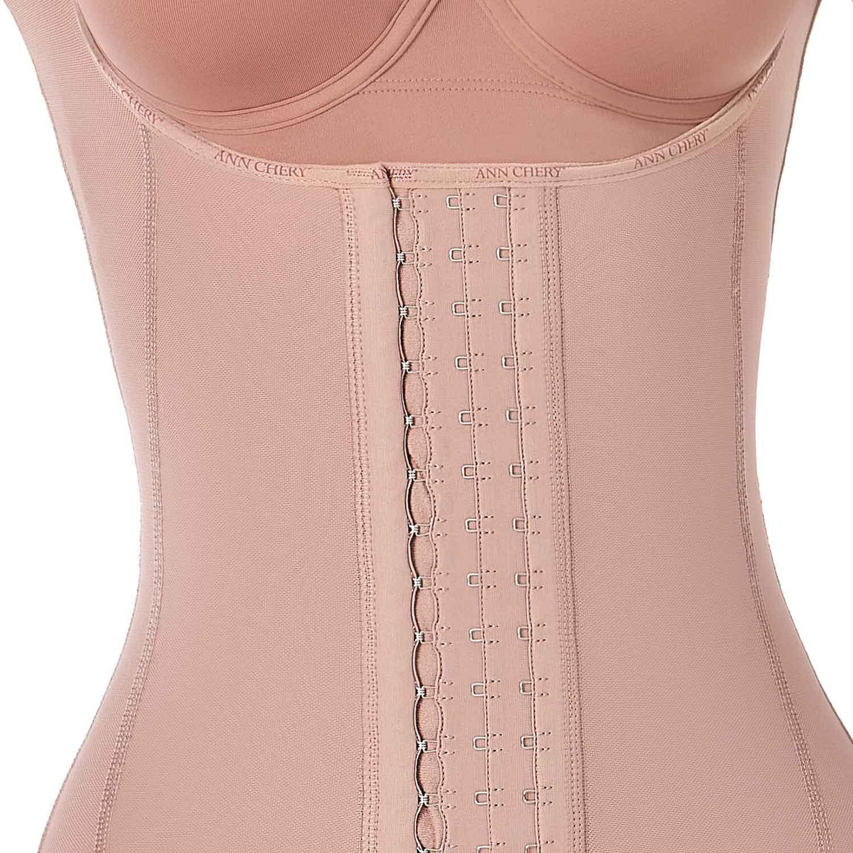 Ann Chery Colombian faja shapewear in cocoa color with front hook-and-eye closure, knee-length sleeves.