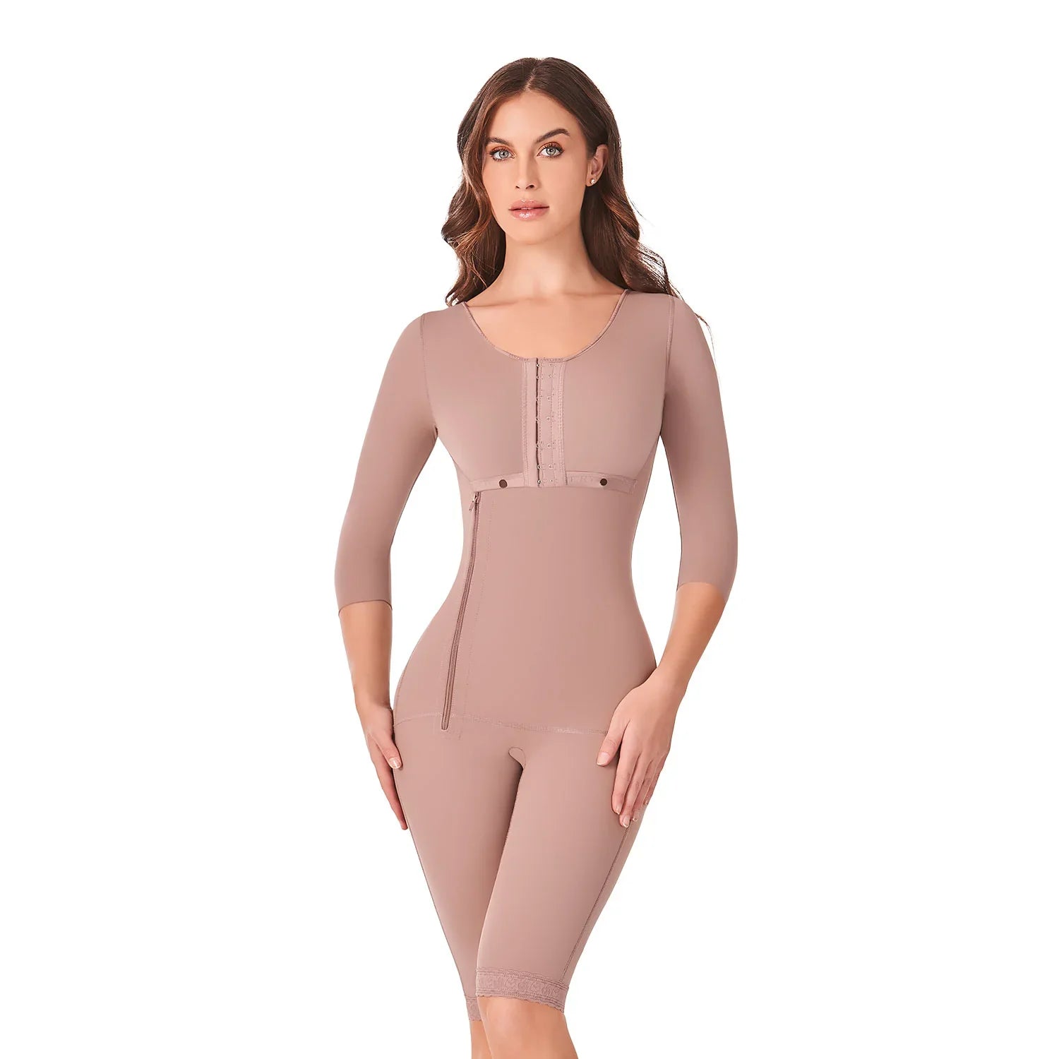 Woman wearing Ann Chery knee-length Colombian faja shapewear with sleeves, cocoa color