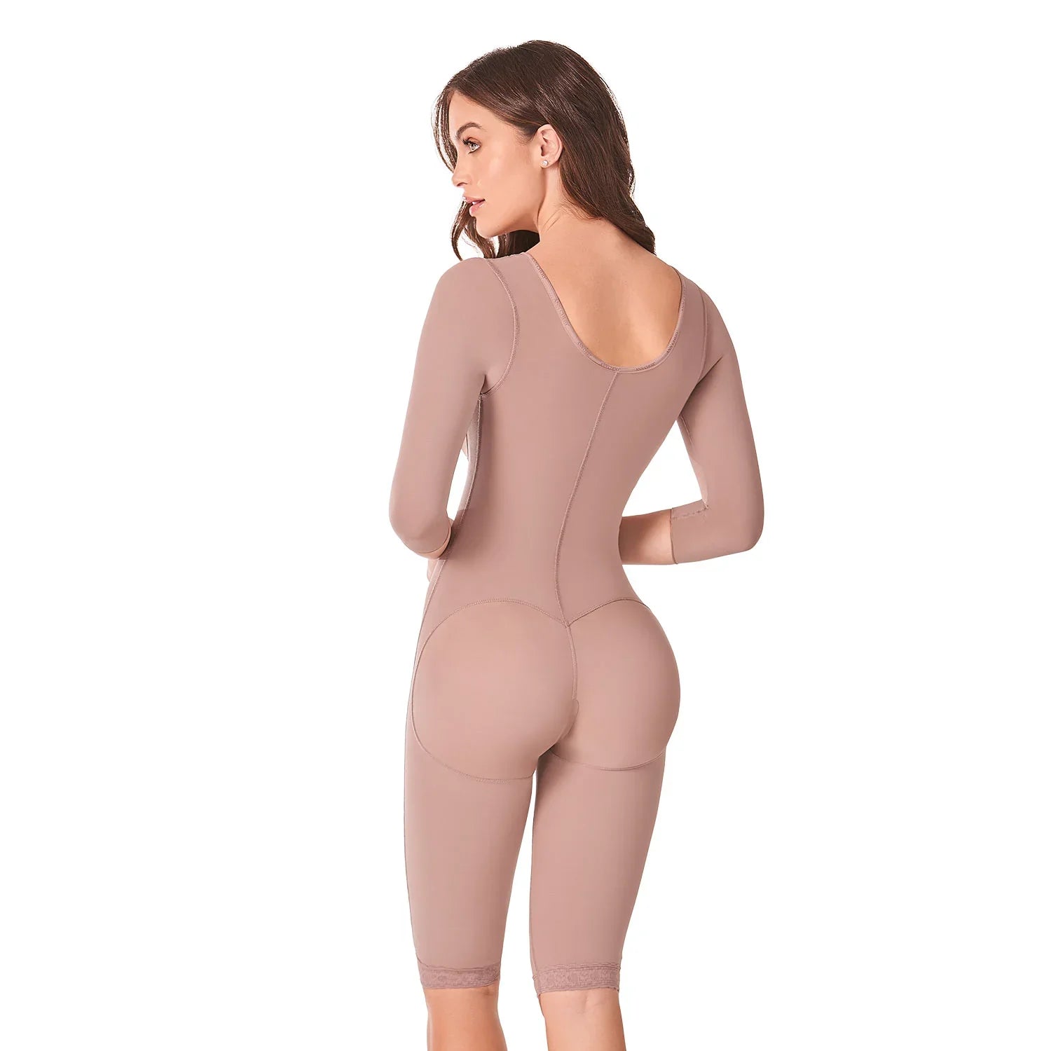 Woman wearing Ann Chery cocoa knee-length full-body sleeves shapewear for tummy and butt support