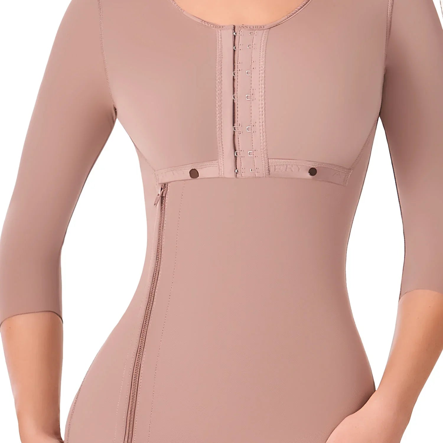 Ann Chery cocoa knee-length faja shapewear with sleeves, zipper, and hook closure