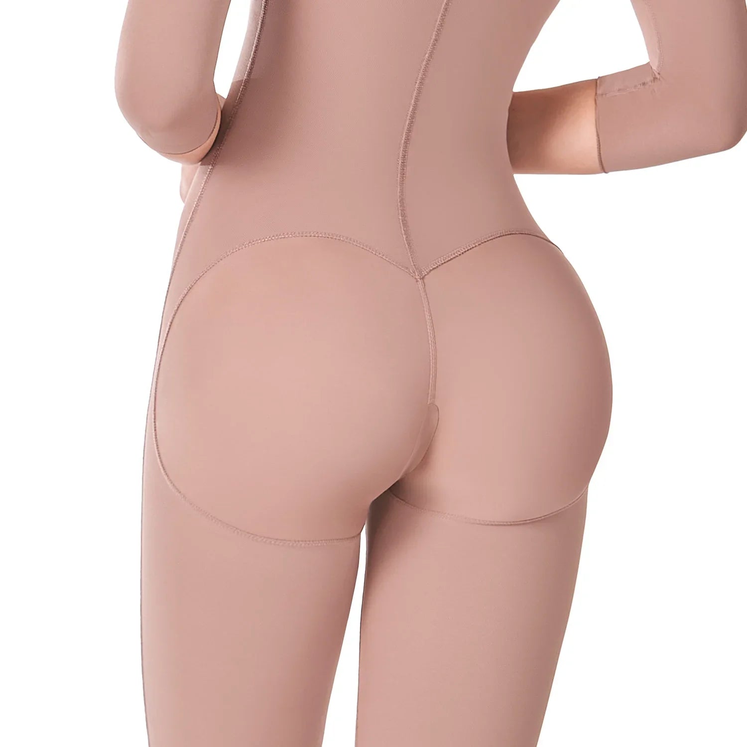 Ann Chery Colombian knee-length cocoa faja shapewear with sleeves, rear view