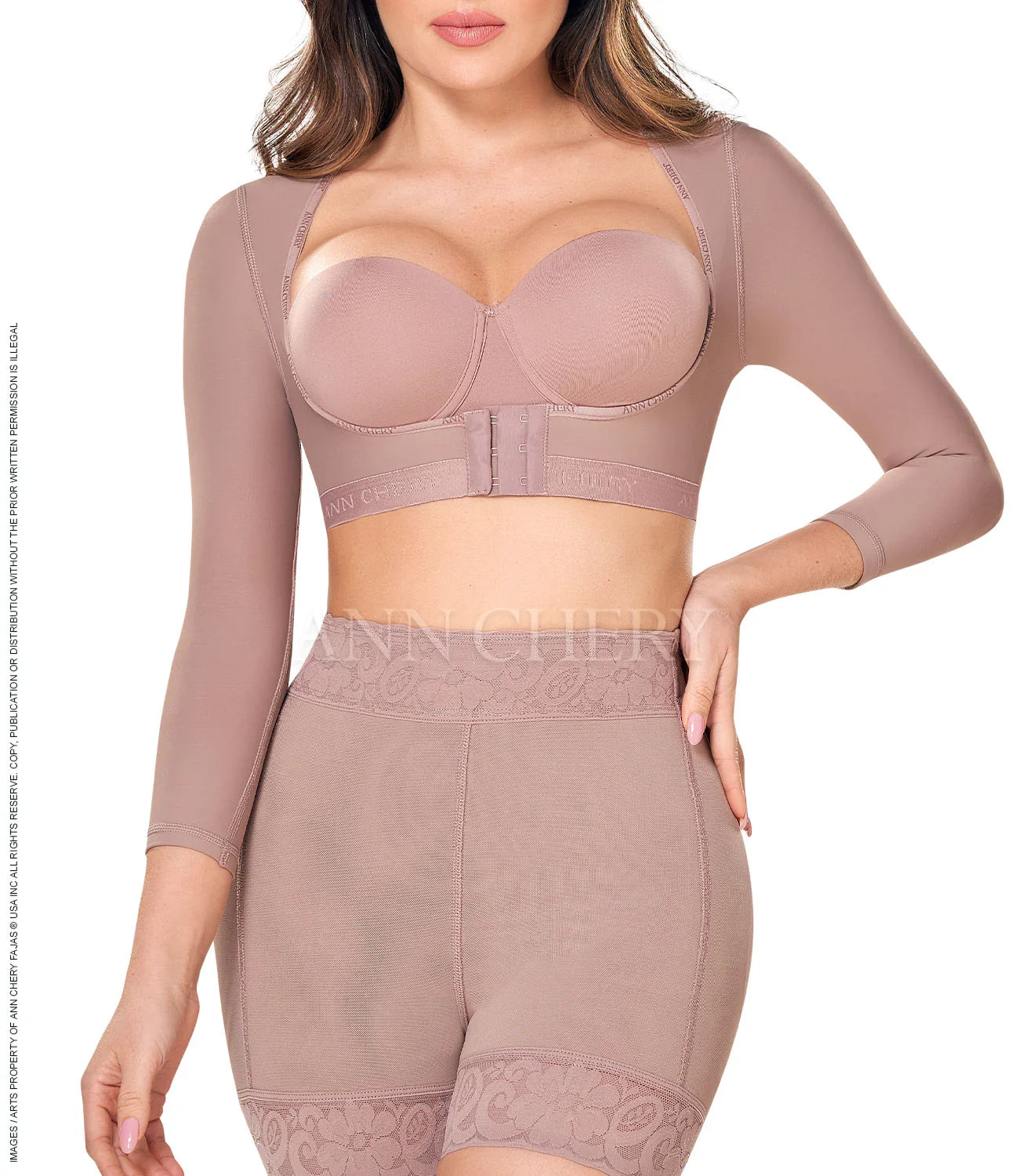 Woman modeling cocoa-colored long sleeve shapewear top and high-waist shorts with lace trim