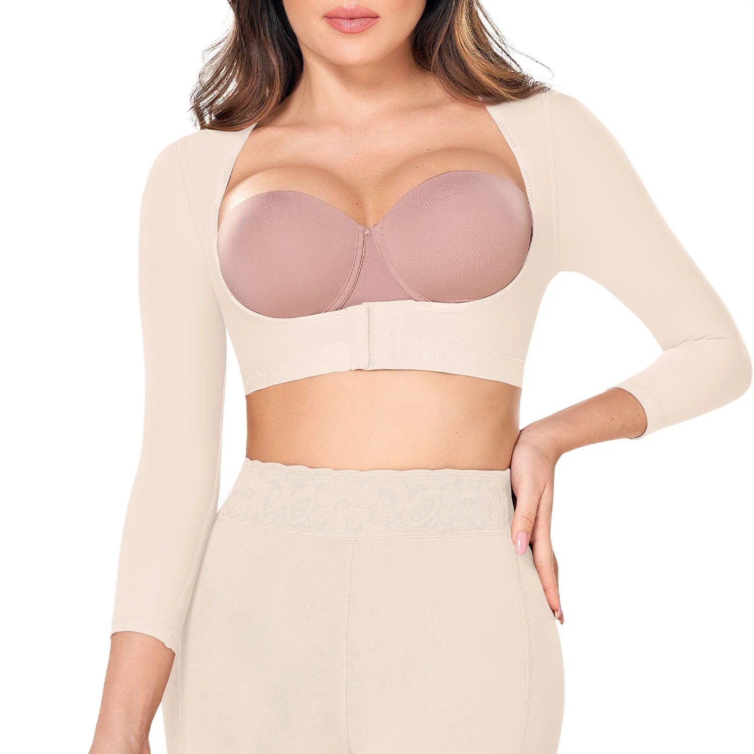 Women's beige post-surgery arm sleeve compression garment with front closure