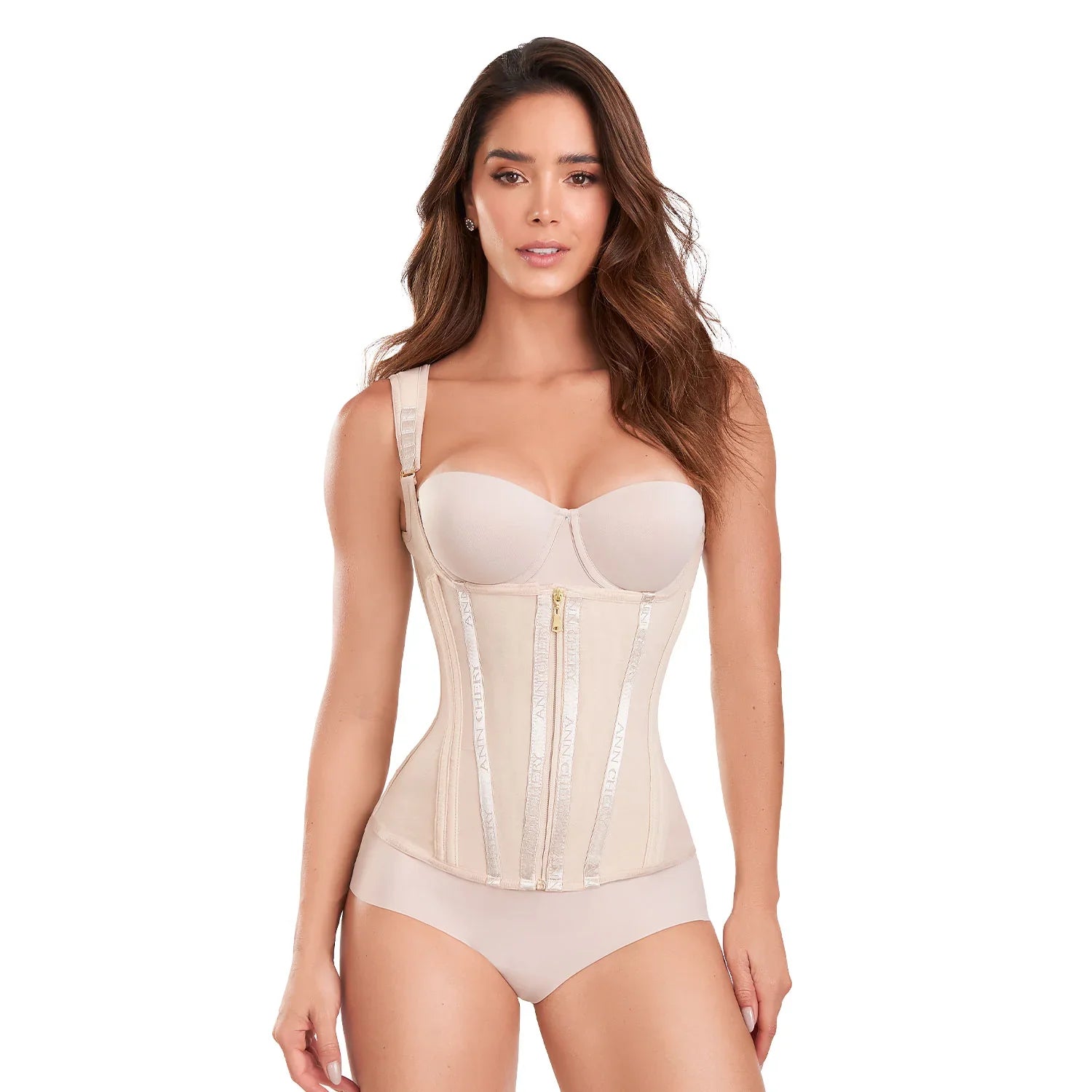 Woman wearing beige Ann Chery hourglass waist trainer faja for tummy control and body shaping