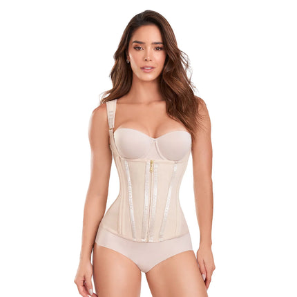 Woman wearing beige Ann Chery hourglass waist trainer faja for tummy control and body shaping