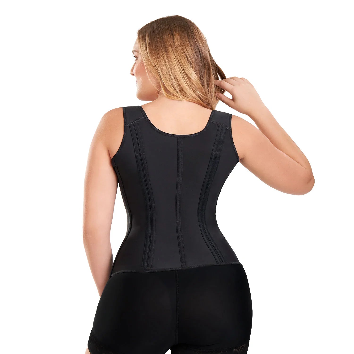 Woman wearing black Ann Chery hourglass waist trainer shapewear, back view