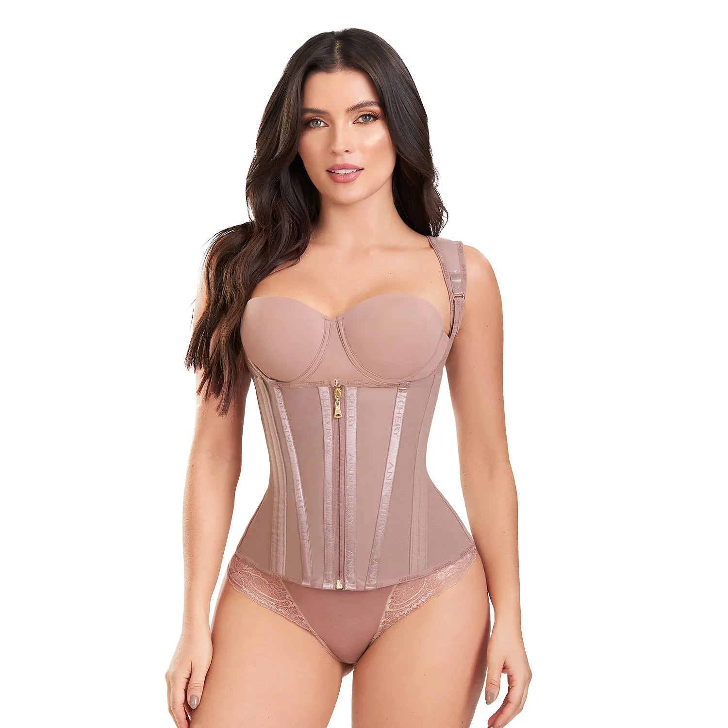 Woman wearing ANN CHERY cocoa latex waist trainer faja shapewear with adjustable straps