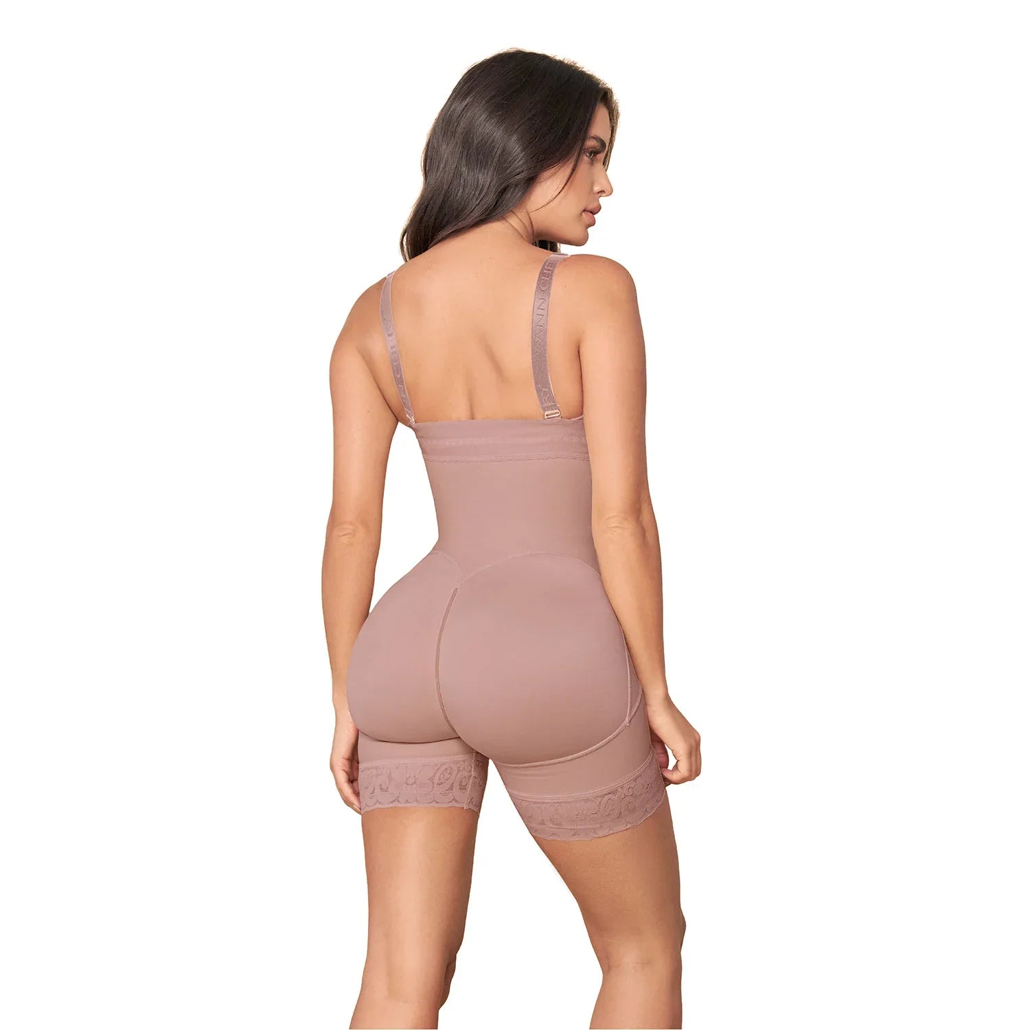 Woman wearing Ann Chery cocoa high-waisted hourglass faja shapewear with lace trim