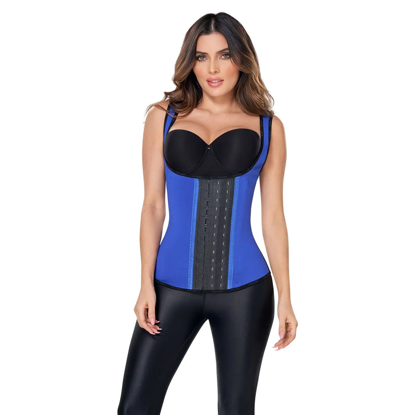 Woman wearing blue latex waist trainer vest with three hook rows, black bra and leggings