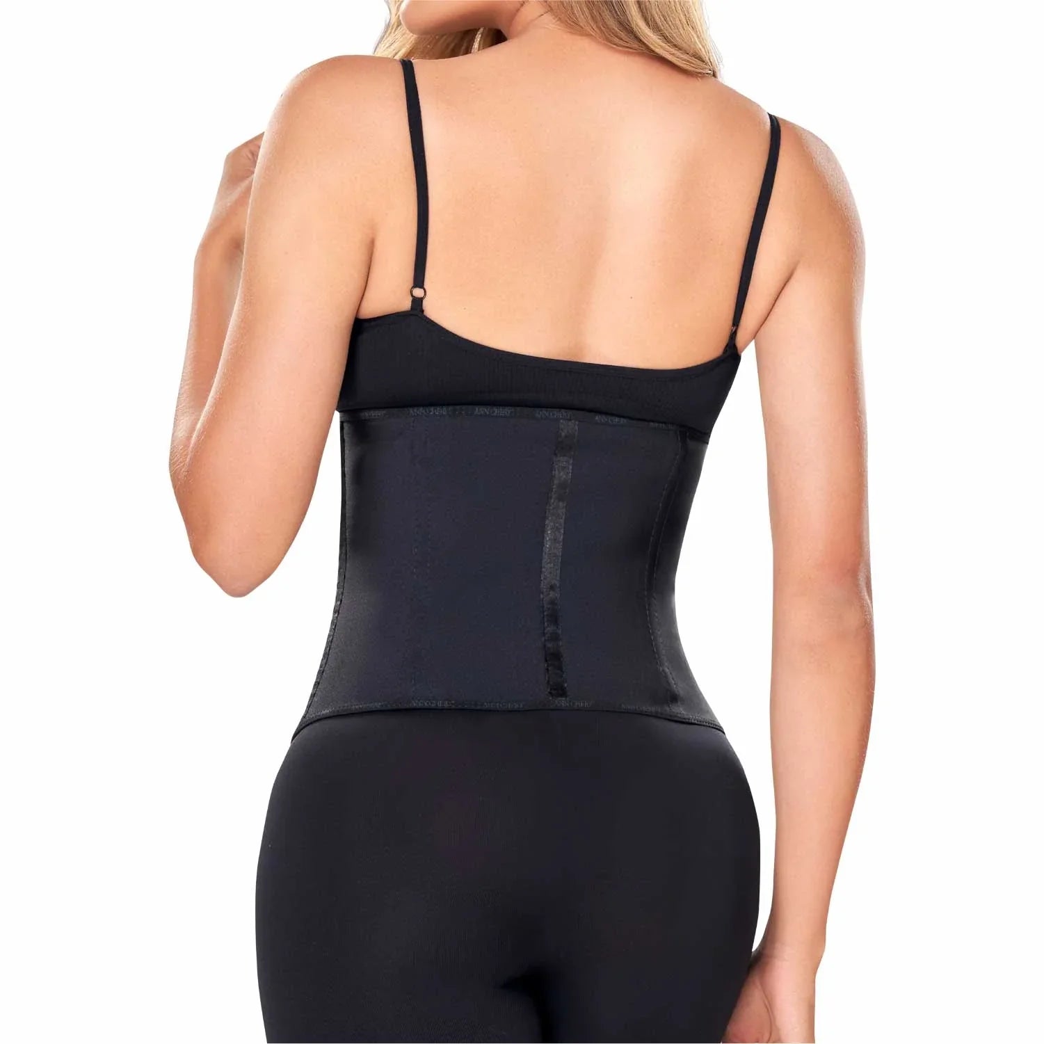 Woman wearing black Ann Chery latex waist trainer for tummy control and body shaping