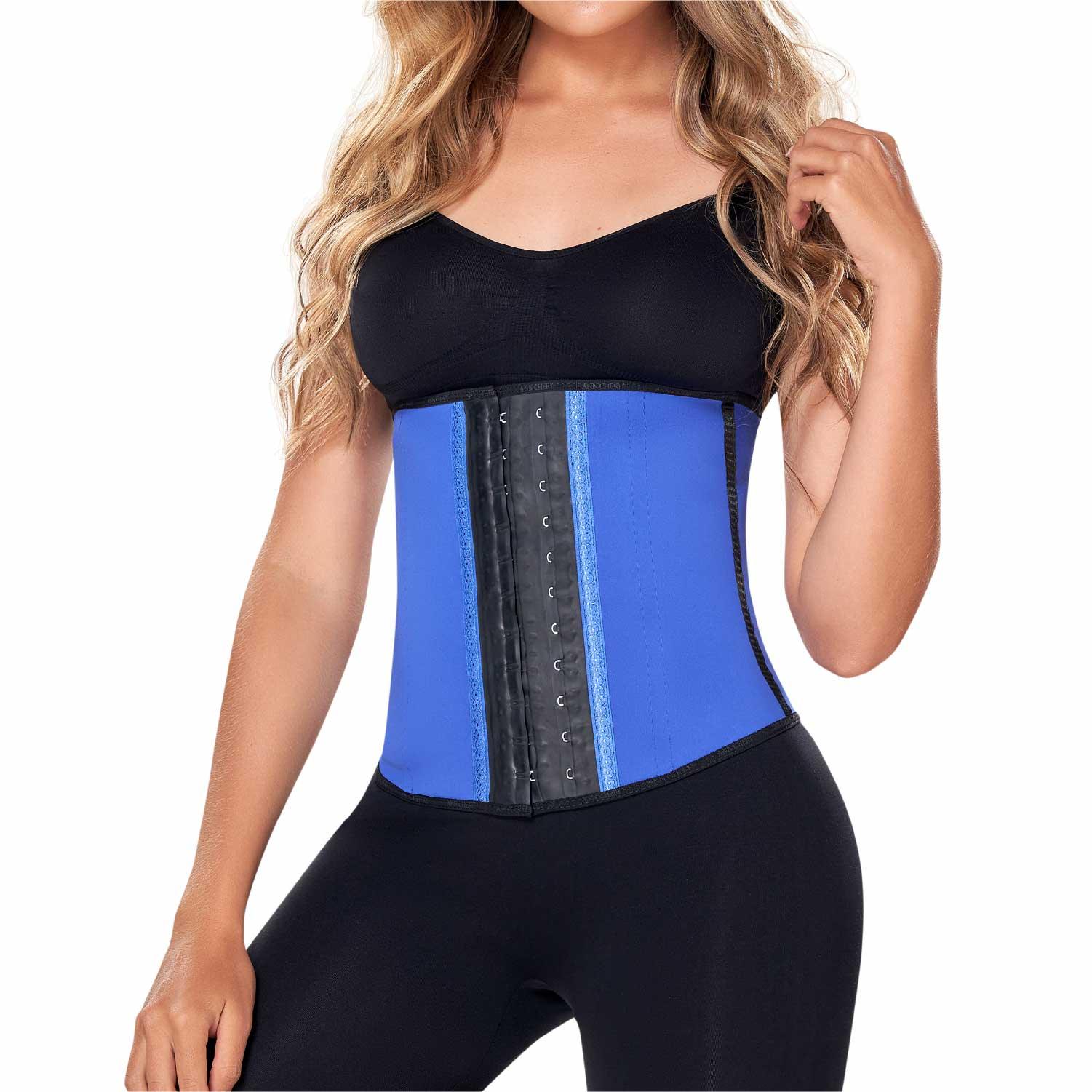 Ann Chery blue latex waist trainer for women with two hooks, modeled over black activewear