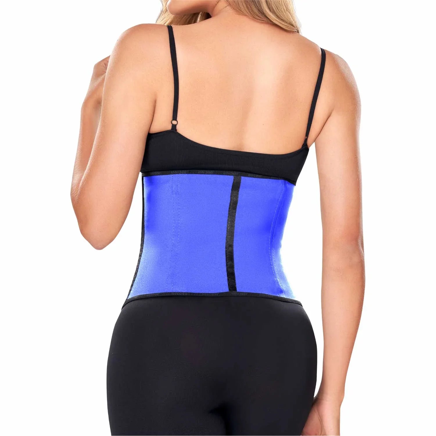 Woman wearing Ann Chery blue latex waist trainer for tummy control and body shaping