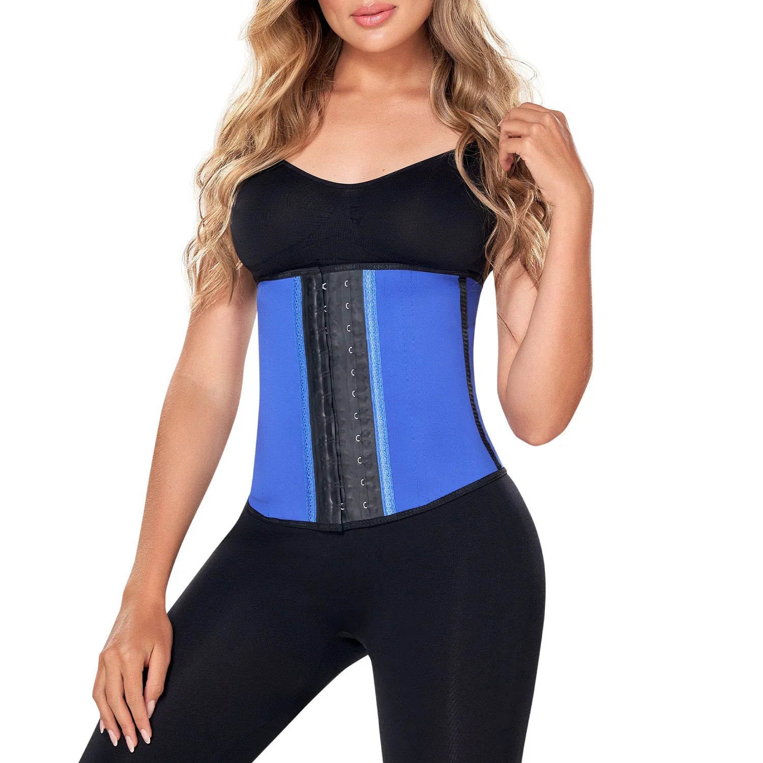 Woman wearing blue Ann Chery latex waist trainer for tummy control and body shaping