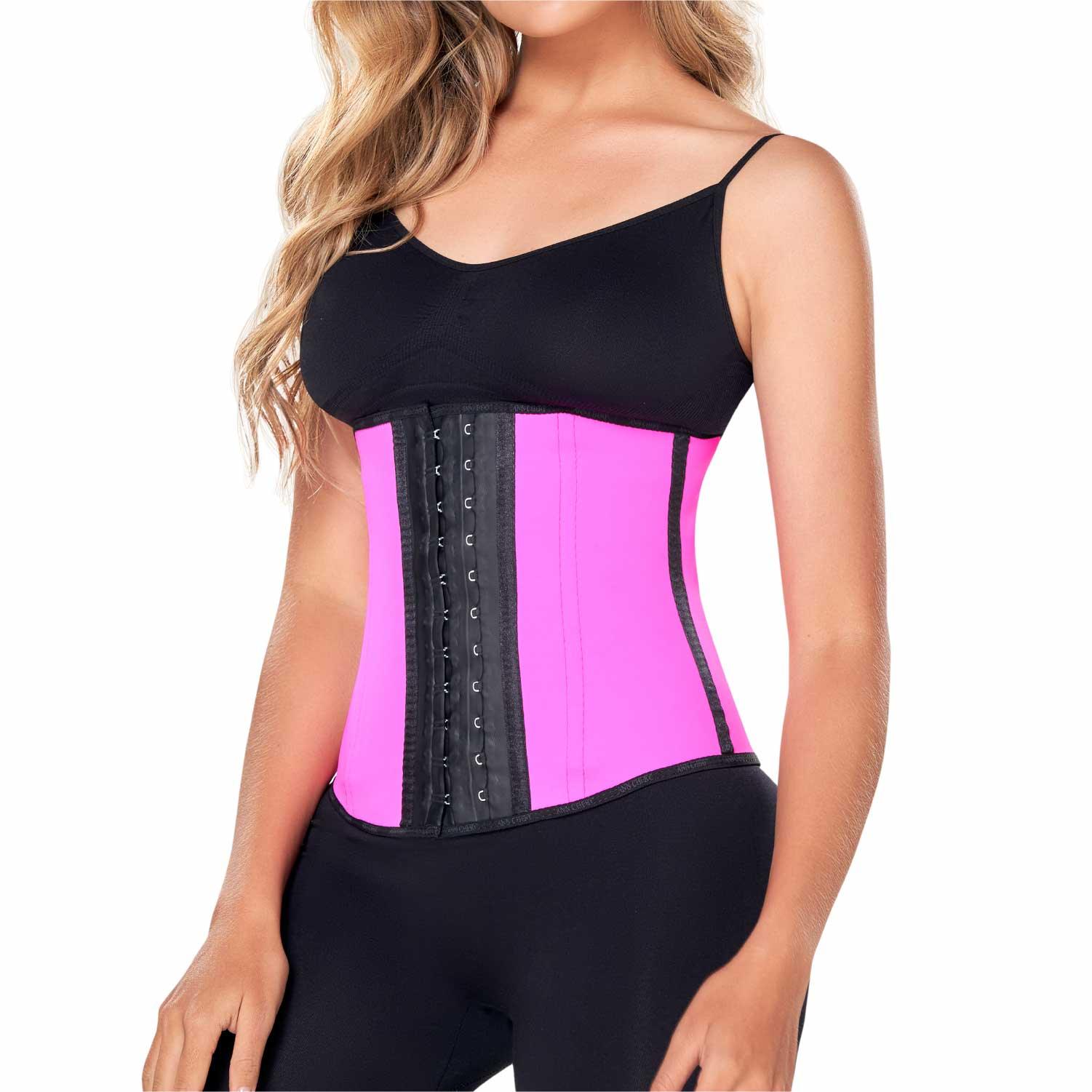 Woman wearing Ann Chery fuchsia latex waist trainer for tummy control and body shaping