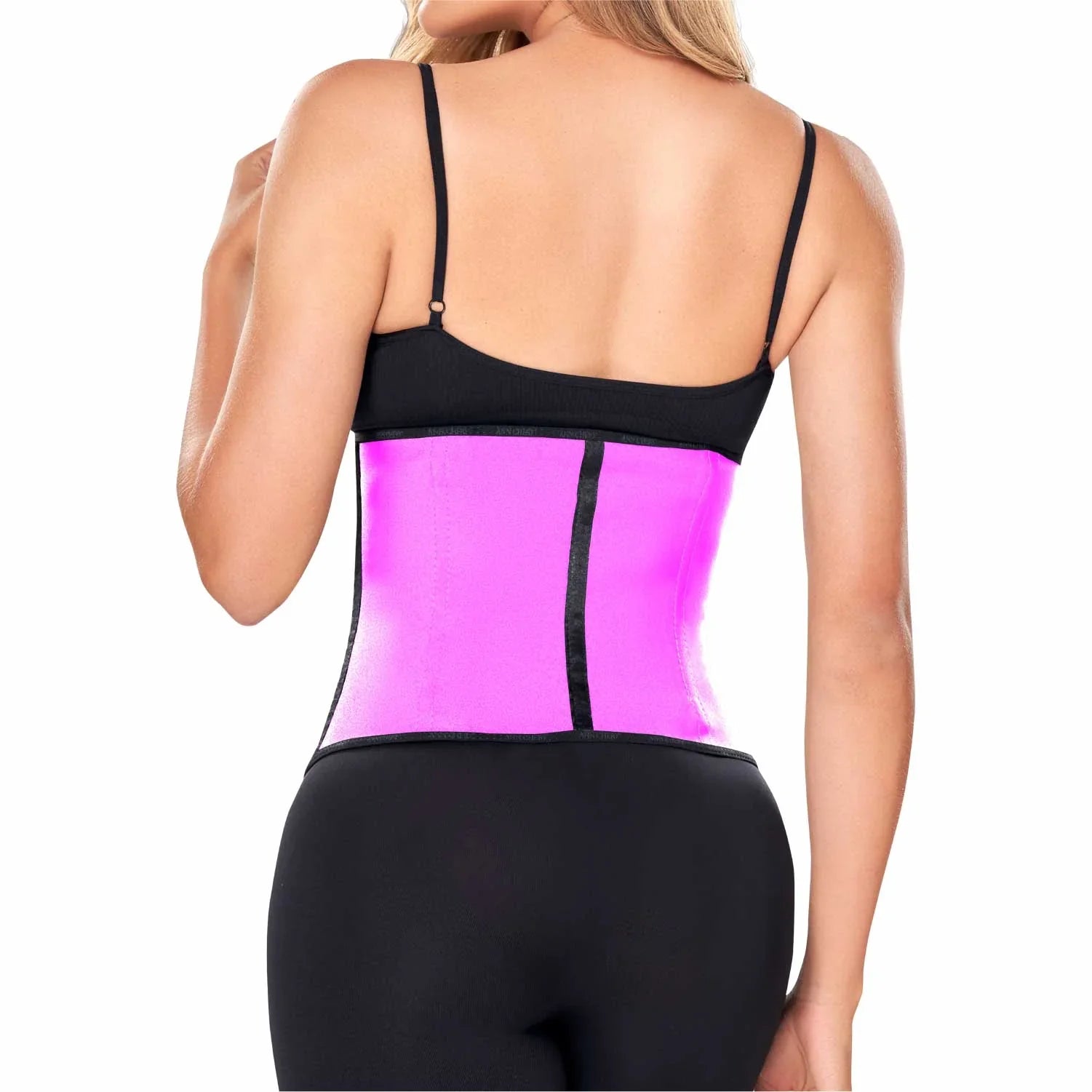 Woman wearing Ann Chery fuchsia latex waist trainer for tummy control and body shaping