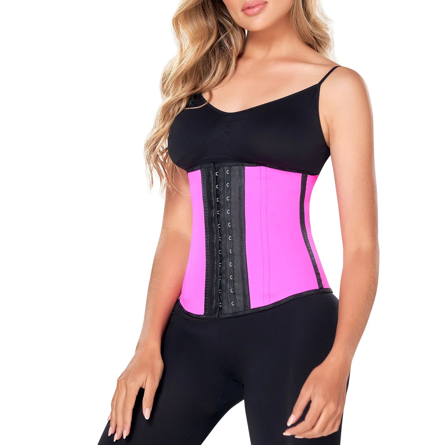 Woman wearing Ann Chery fuchsia latex waist trainer shapewear for tummy control