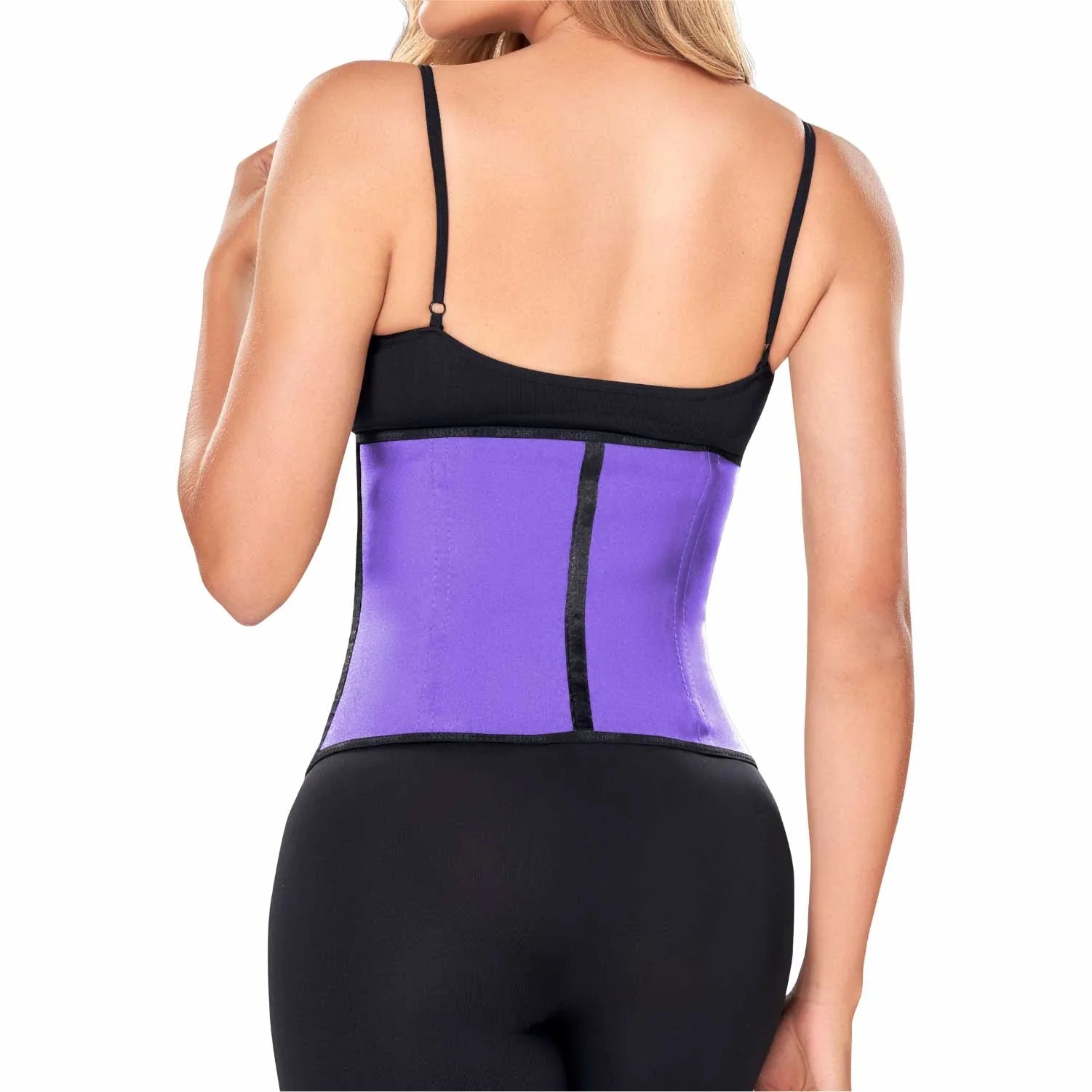 Woman wearing Ann Chery purple latex waist trainer for tummy control and body shaping