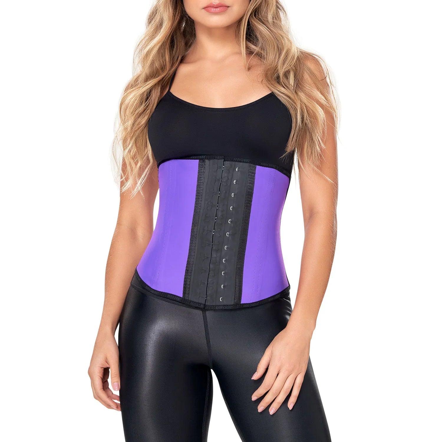 Woman wearing Ann Chery purple latex waist trainer for tummy control and body shaping