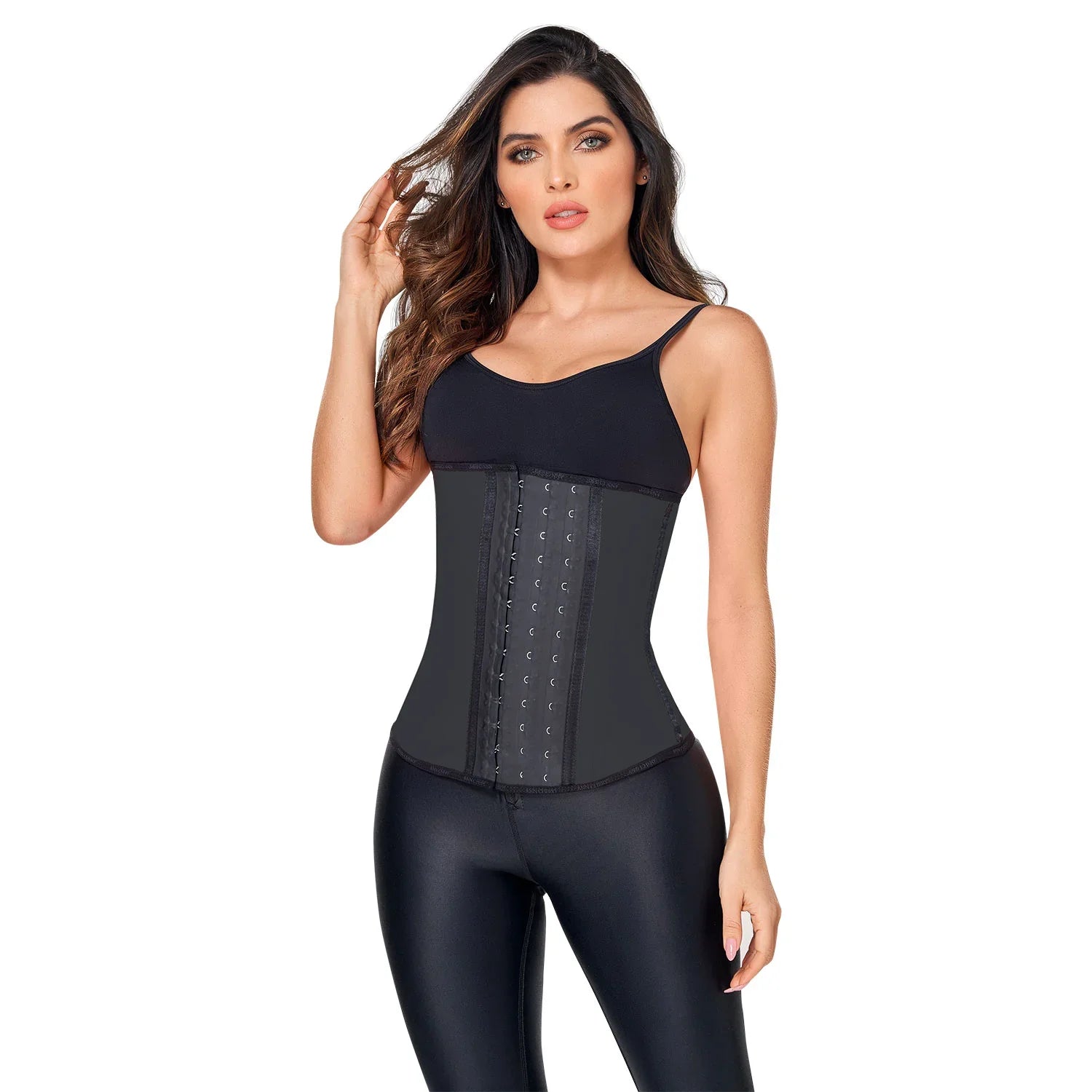 Woman wearing Ann Chery black latex waist trainer with hooks, Colombian shapewear