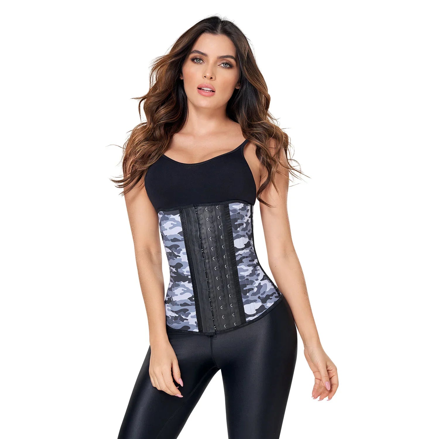 Woman wearing Ann Chery camo grey latex waist trainer shapewear, tummy control, front hooks