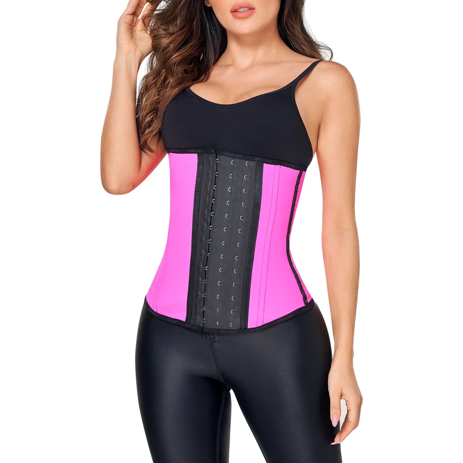 Woman wearing Ann Chery fuchsia latex waist trainer with three hooks for tummy control