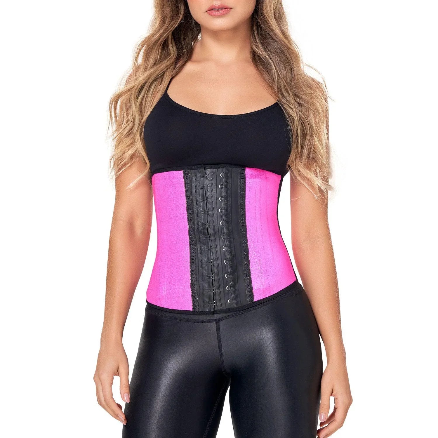 Ann Chery metallic fuchsia latex waist trainer for women with black hooks, shown on model