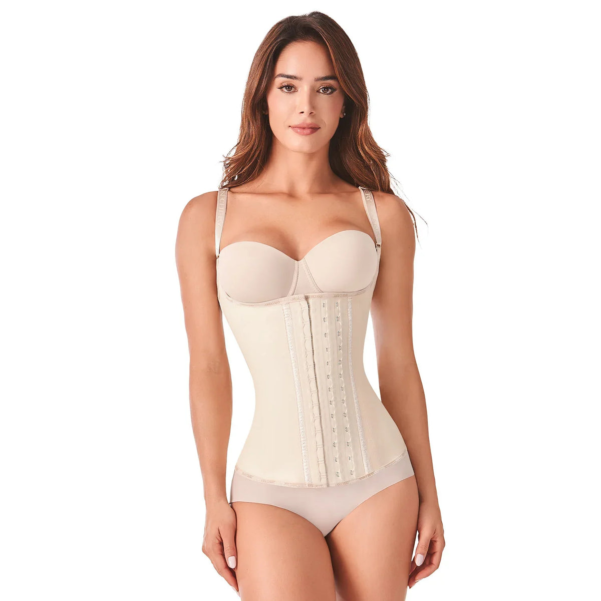 Woman wearing Ann Chery beige latex waist trainer faja for tummy control and body shaping