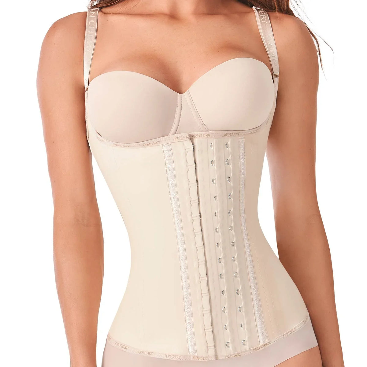 Woman wearing ANN CHERY beige latex waist trainer with adjustable straps for tummy control