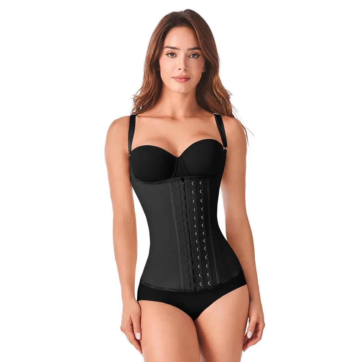 Woman modeling Ann Chery black latex waist trainer shapewear with hook closure