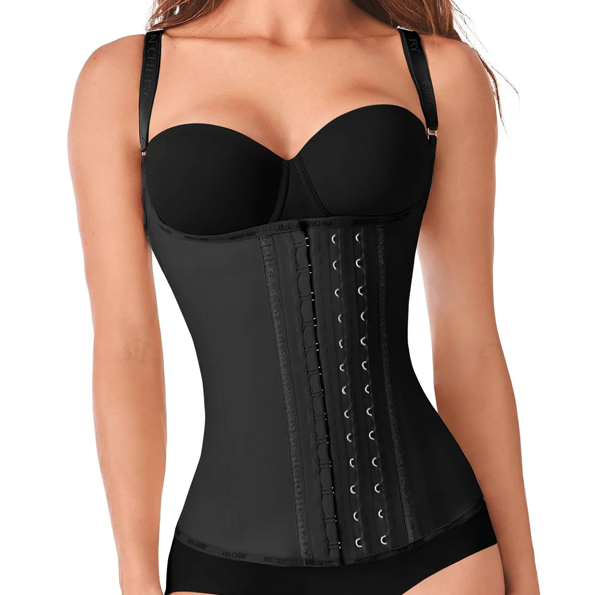 Woman wearing black Ann Chery latex waist trainer with three hook rows for body shaping