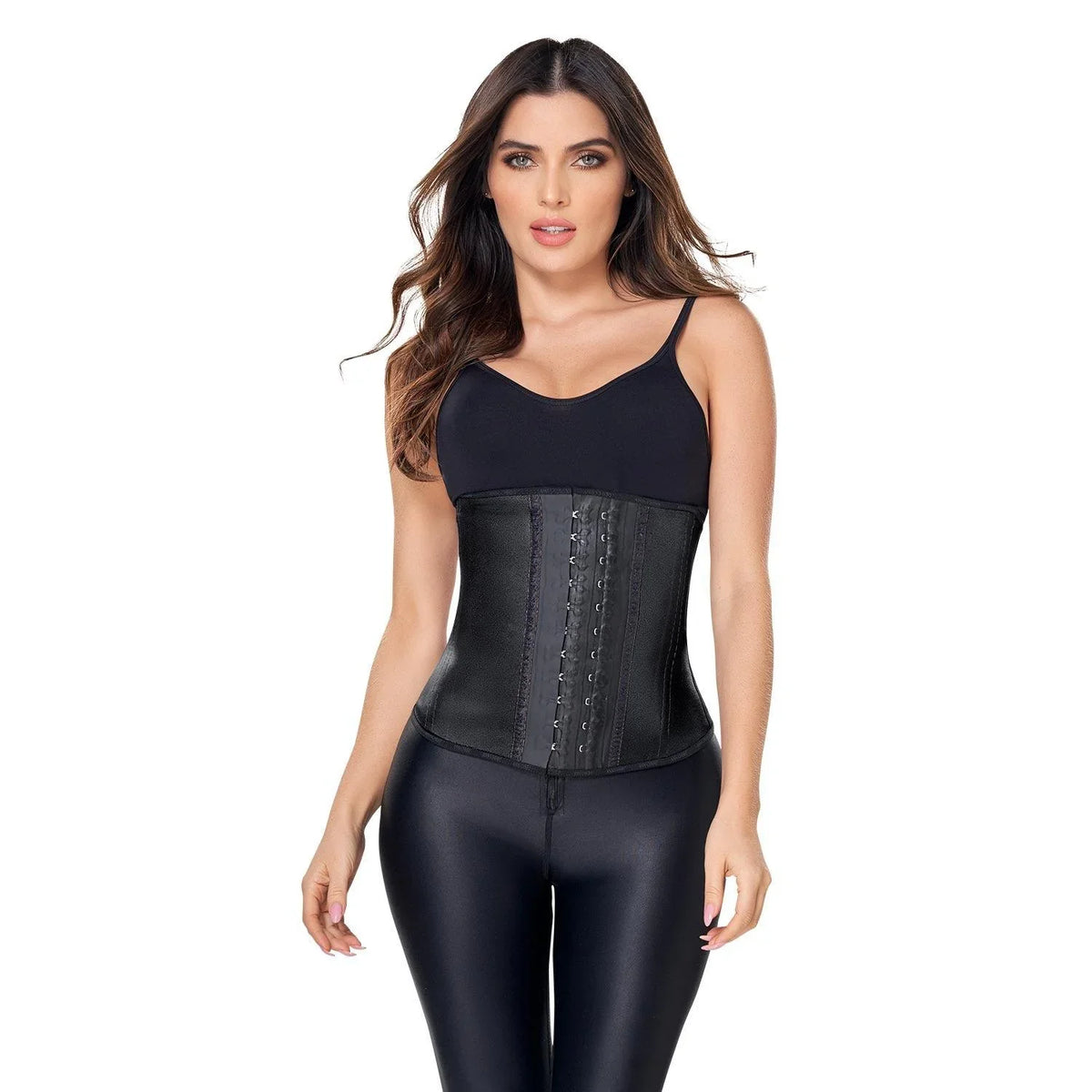 Woman wearing black Ann Chery latex waist trainer faja for tummy control and body shaping