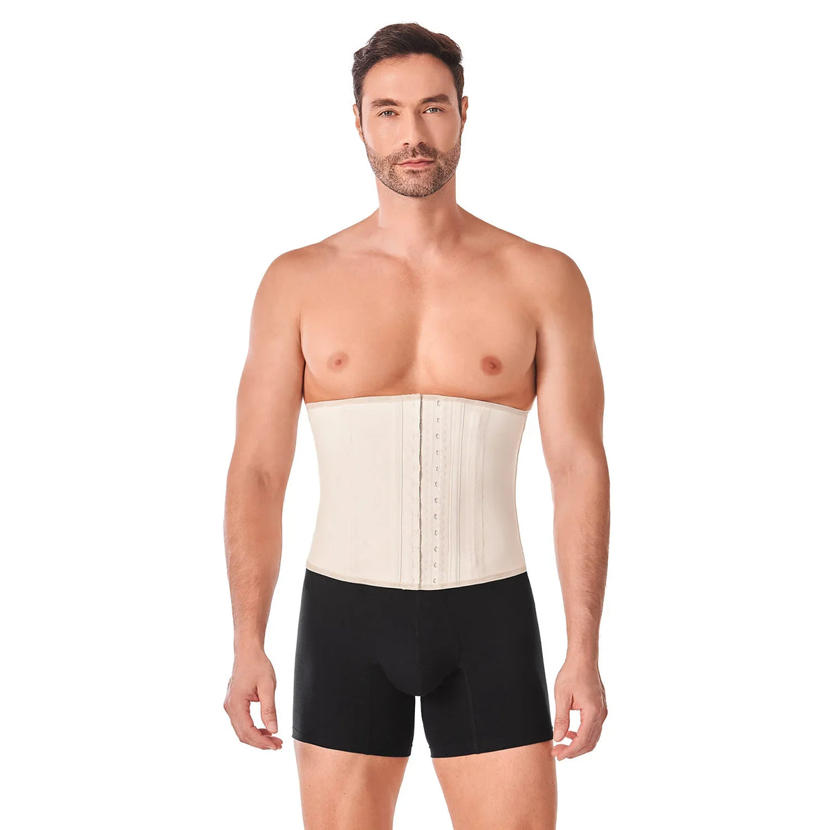 Man modeling Ann Chery beige masculine waist trainer faja for body shaping and tummy control