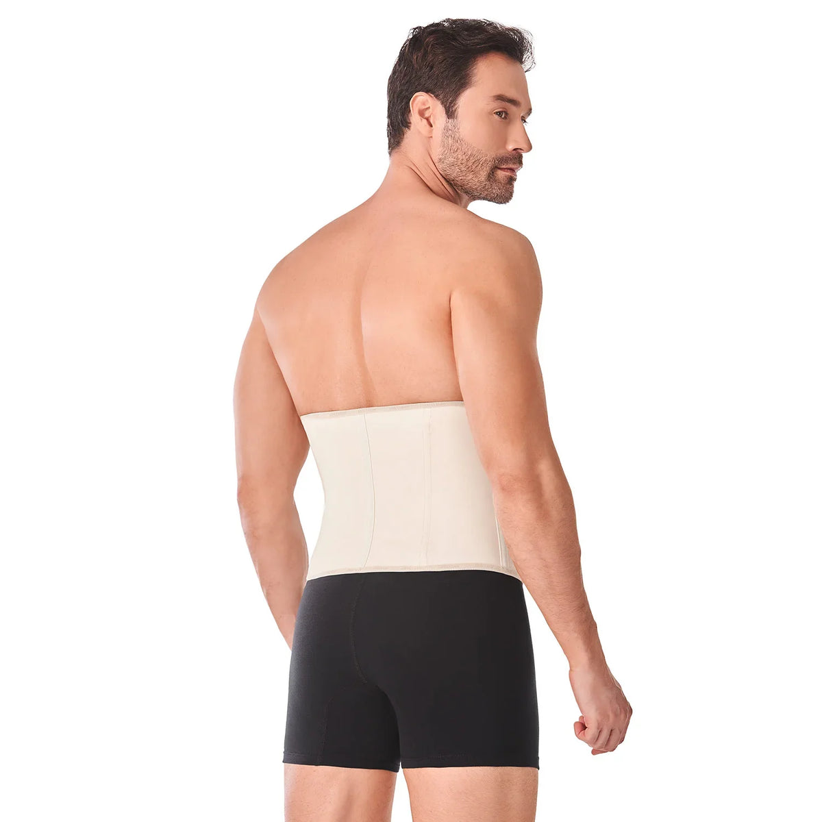 Man wearing beige Ann Chery masculine waist trainer faja, showcasing Colombian shapewear.