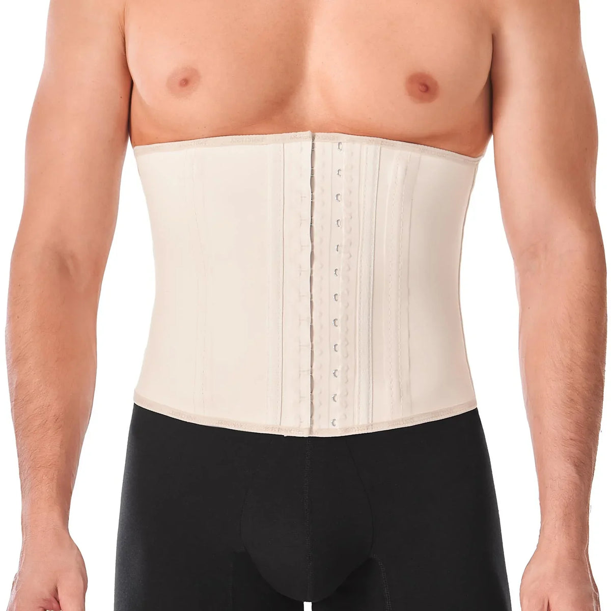 Man wearing beige Ann Chery Colombian faja waist trainer for men, front hooks visible