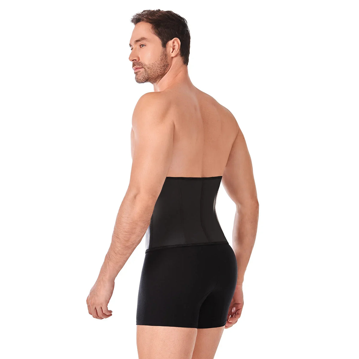 Man wearing black Ann Chery masculine Colombian waist trainer faja, back view