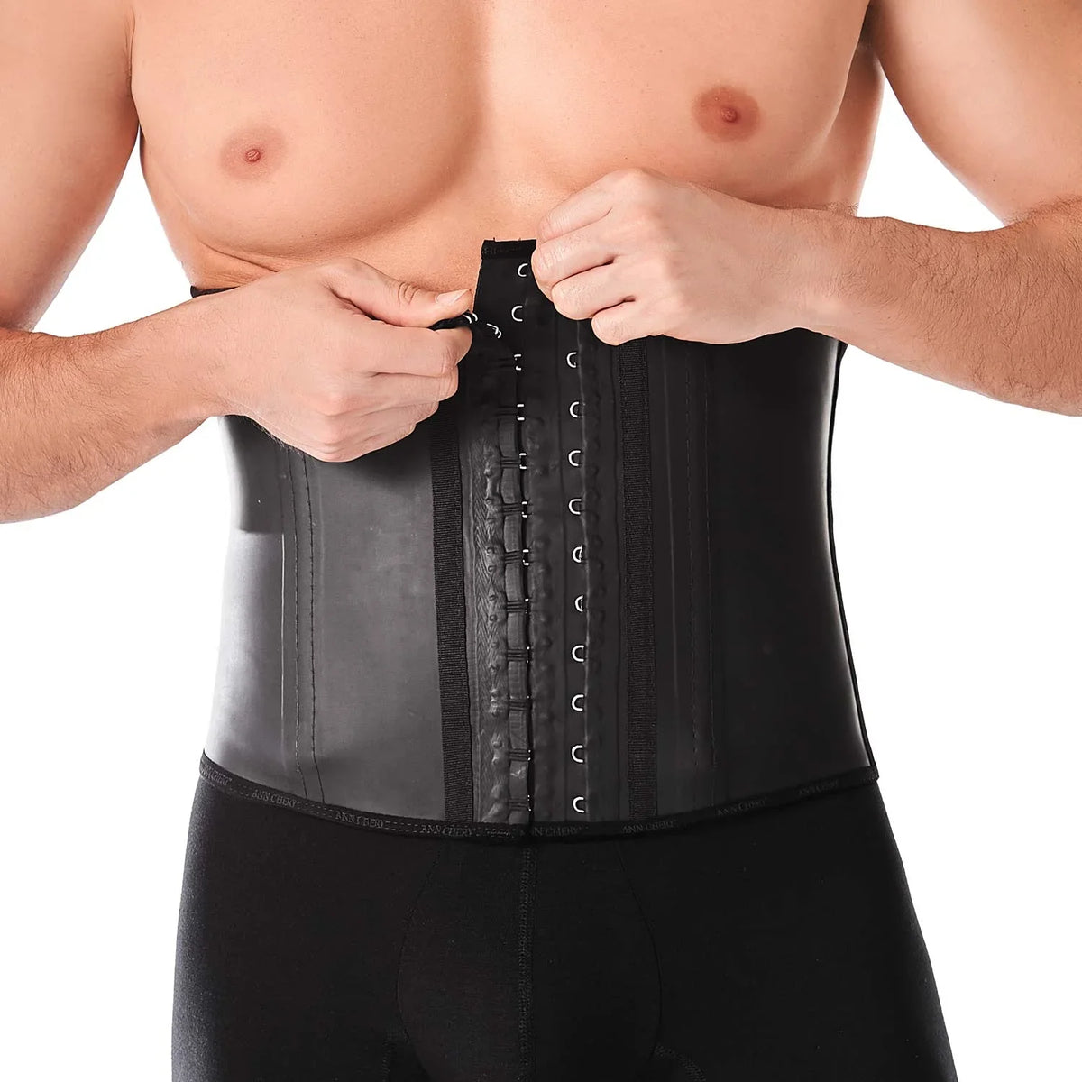 Man wearing Ann Chery black latex waist trainer with front hooks for tummy control