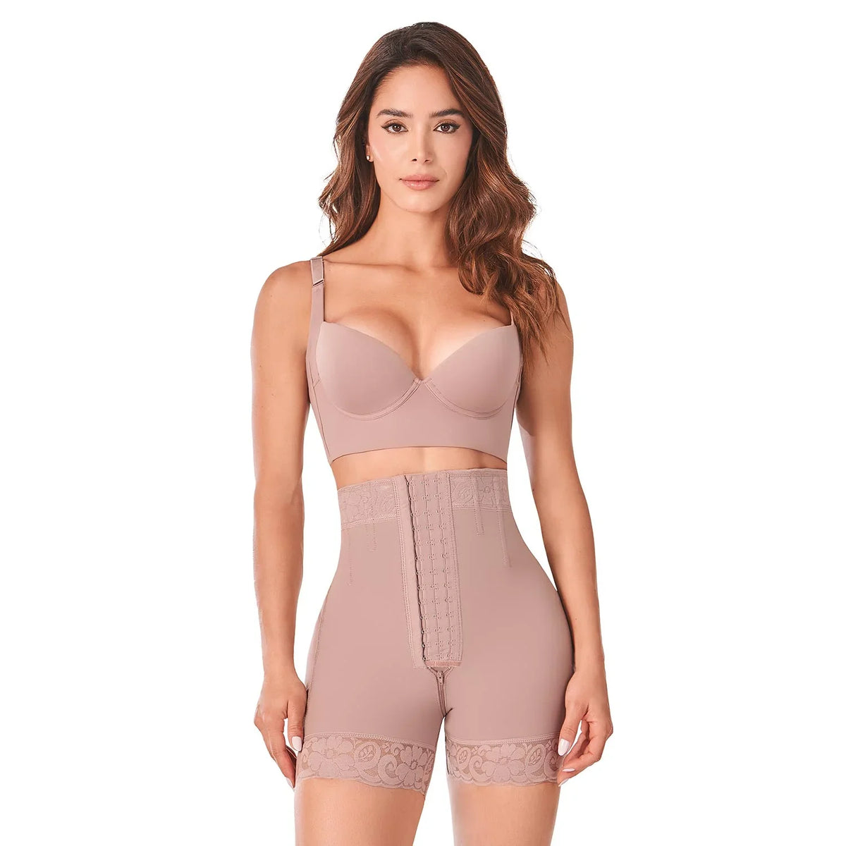 Woman wearing Ann Chery Colombian high waist cocoa faja shapewear with hooks and lace trim