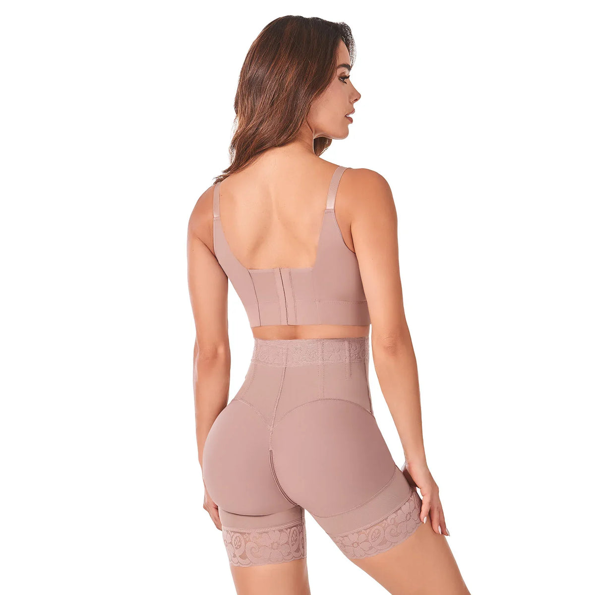 Woman wearing Ann Chery Colombian high waist cocoa faja shapewear with lace trim, back view