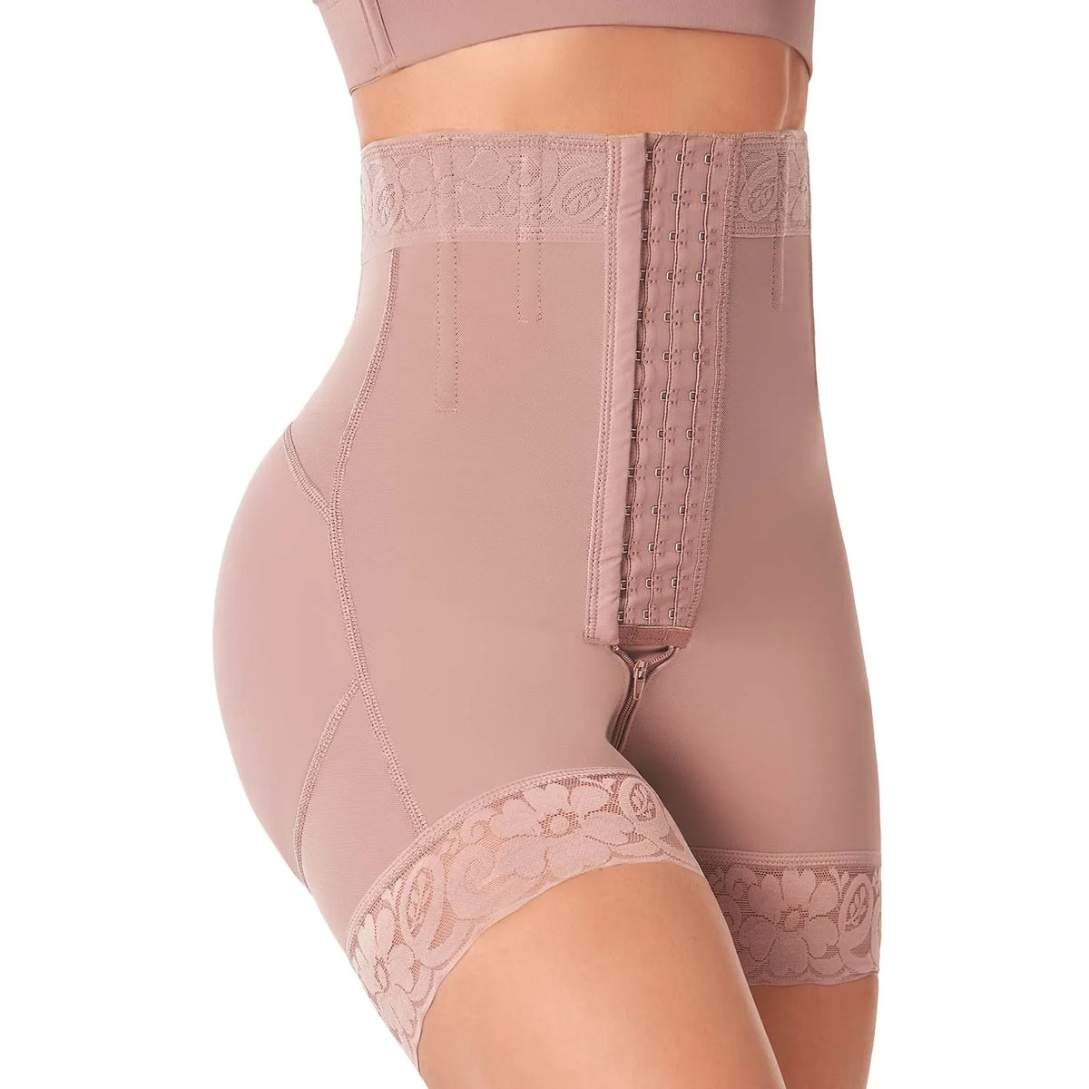 Ann Chery cocoa high waist Colombian faja shapewear with lace trim and hook closure