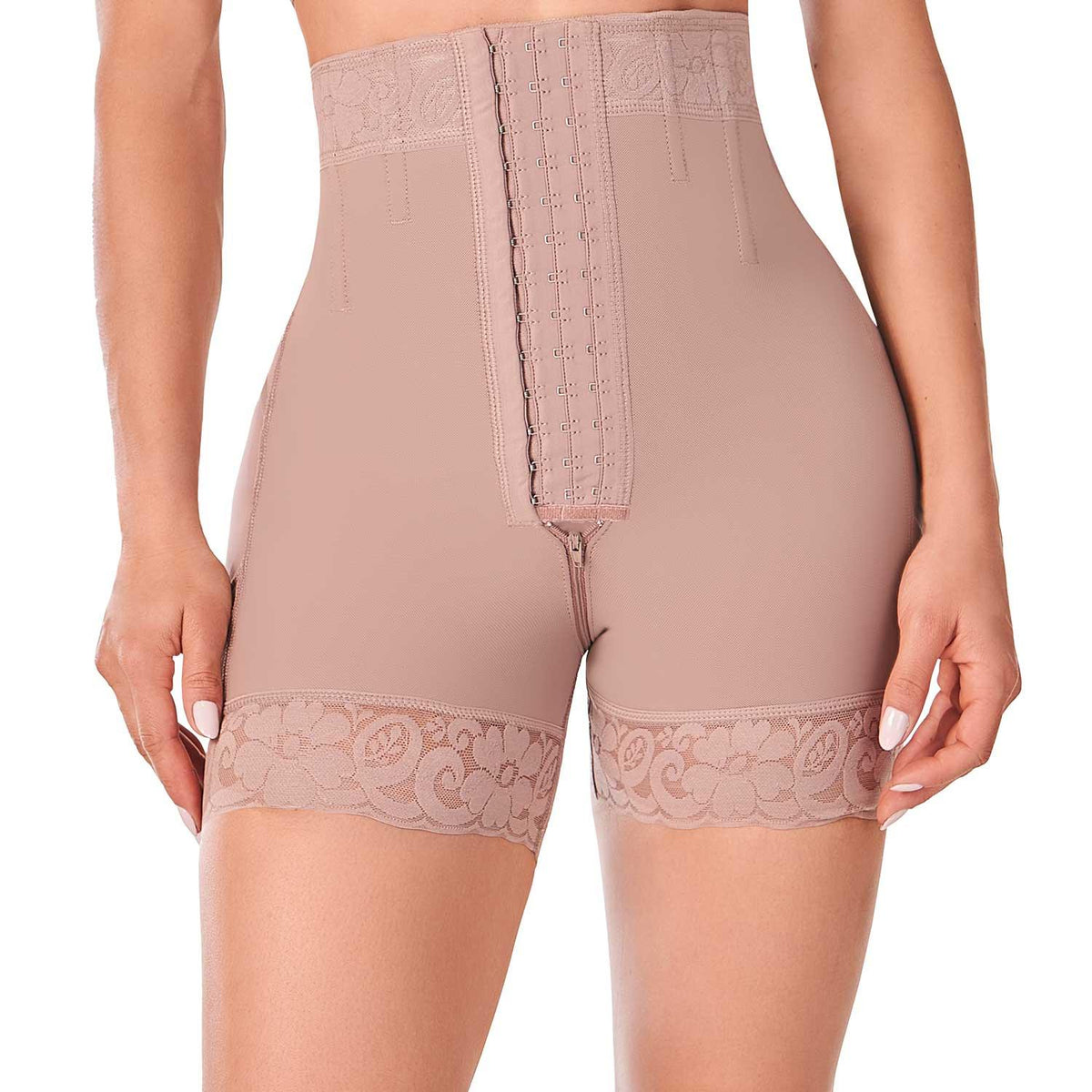 Ann Chery high waist cocoa short faja with front hooks and lace trim, Colombian shapewear