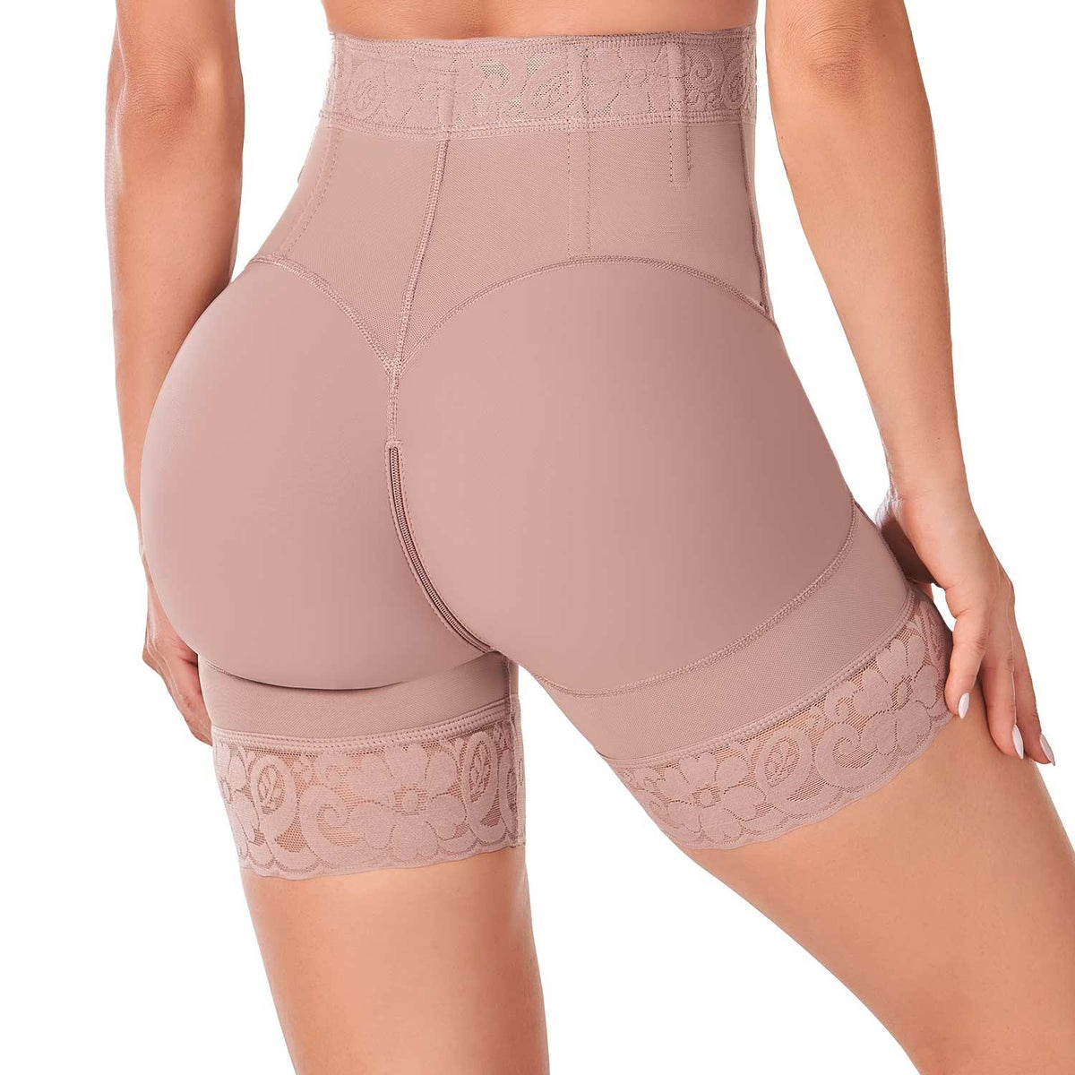 Ann Chery high waist cocoa body shaper short with lace trim, Colombian shapewear for women