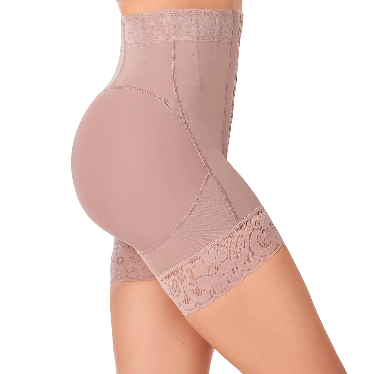 Ann Chery high waisted cocoa shapewear shorts with lace trim, butt lifting, tummy control