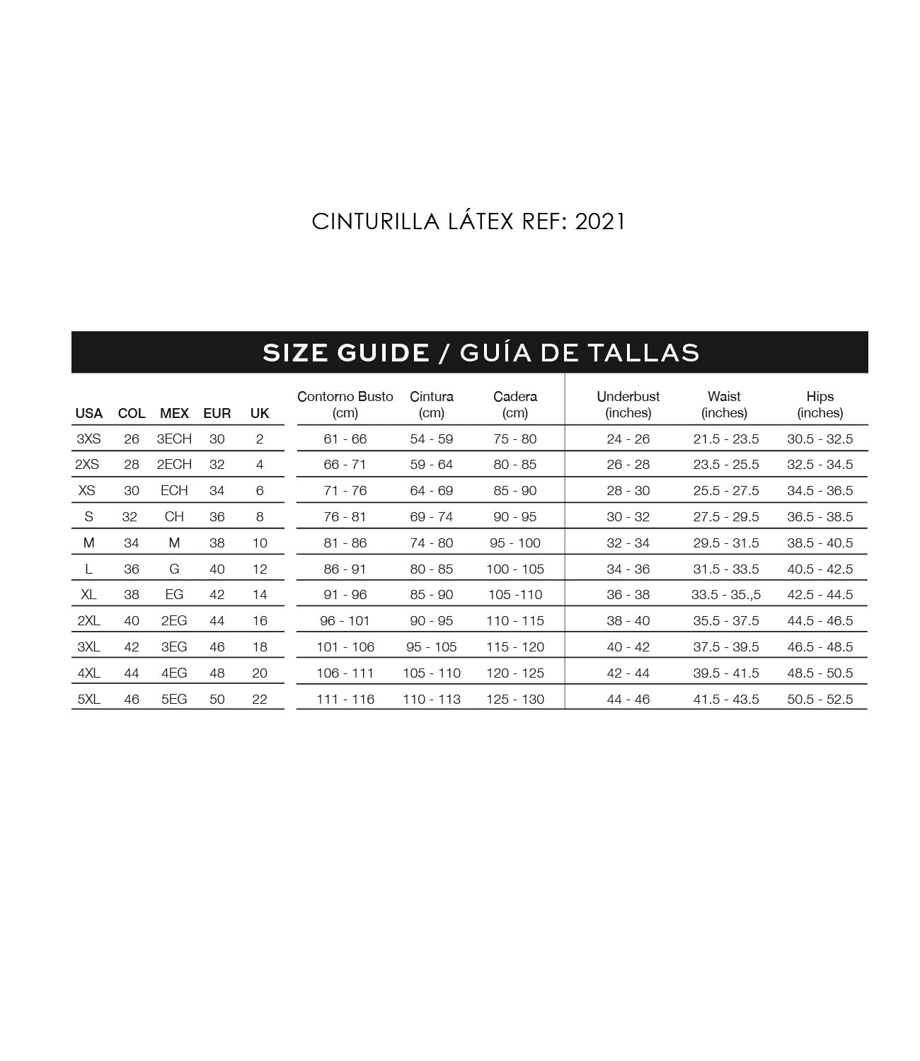 Size guide chart for latex waist trainer with measurements in centimeters and inches in multiple sizes.