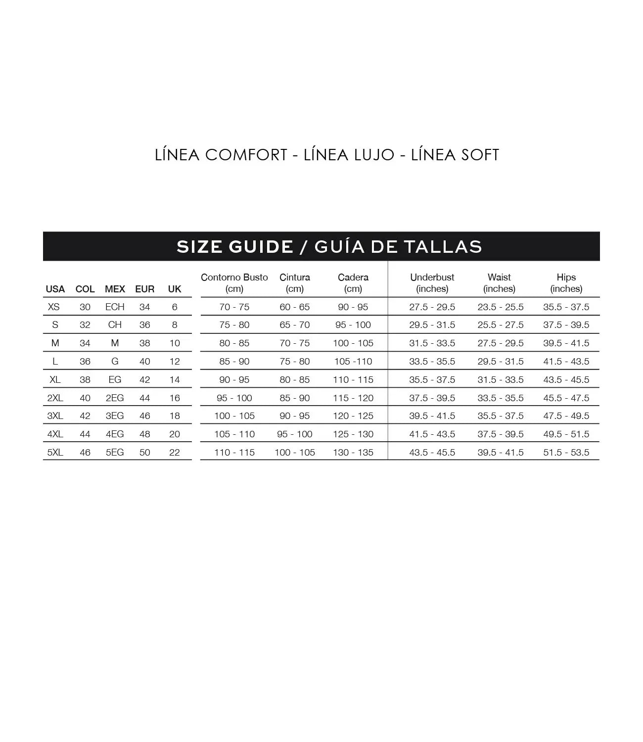 Size guide chart for shapewear showing bust, waist, hips, and international sizes.