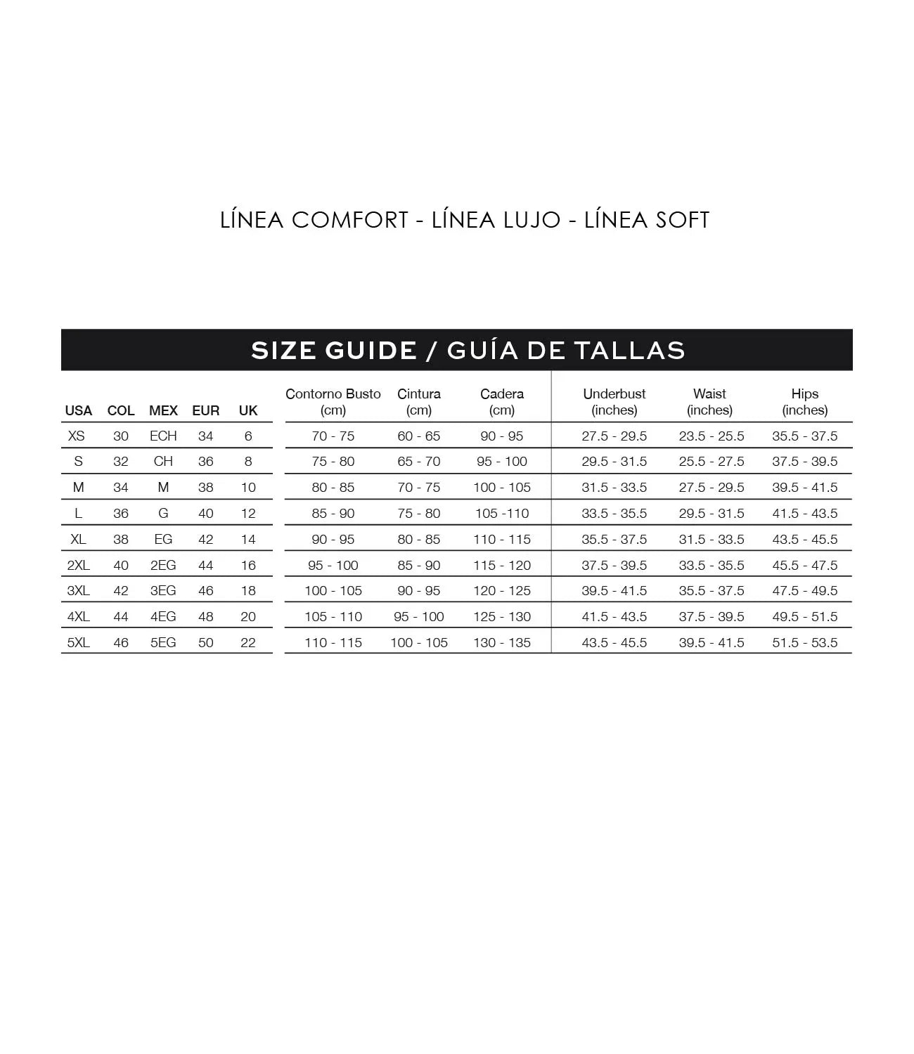 Ann Chery shapewear size guide chart with bust, waist, and hips measurements in cm and inches