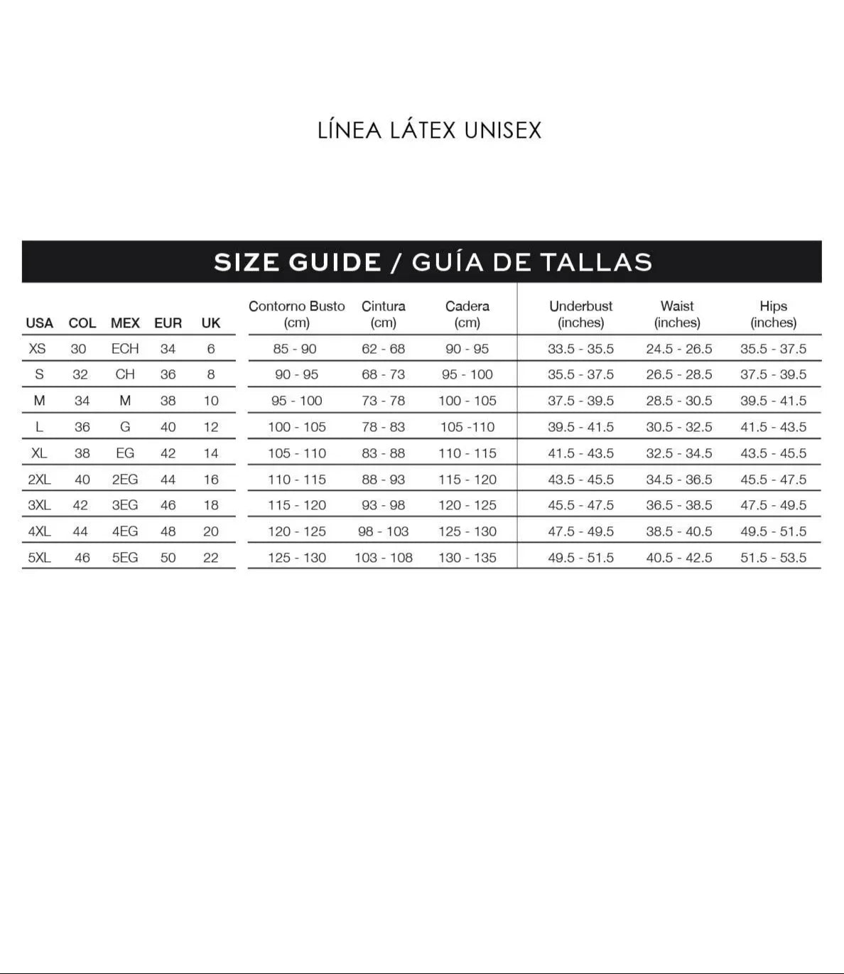 Ann Chery unisex latex shapewear size guide chart with bust, waist, hips measurements.